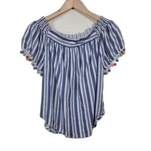 Lily White Striped Crop Top Womens Size M White Blue Rayon Pom Pom Sleeve